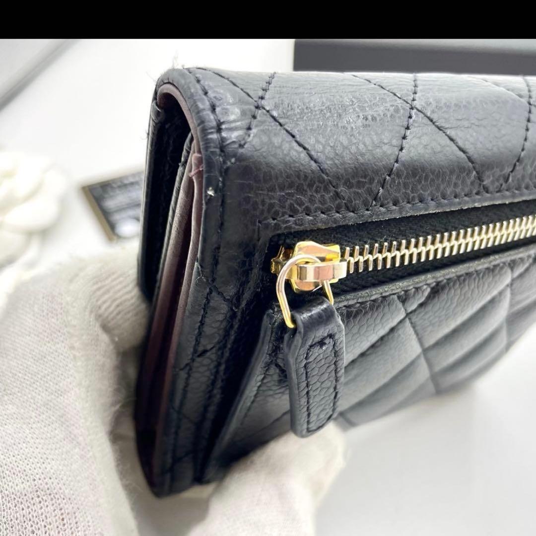 極美品　シャネル　マトラッセ　キャビアスキン　三つ折り財布　黒