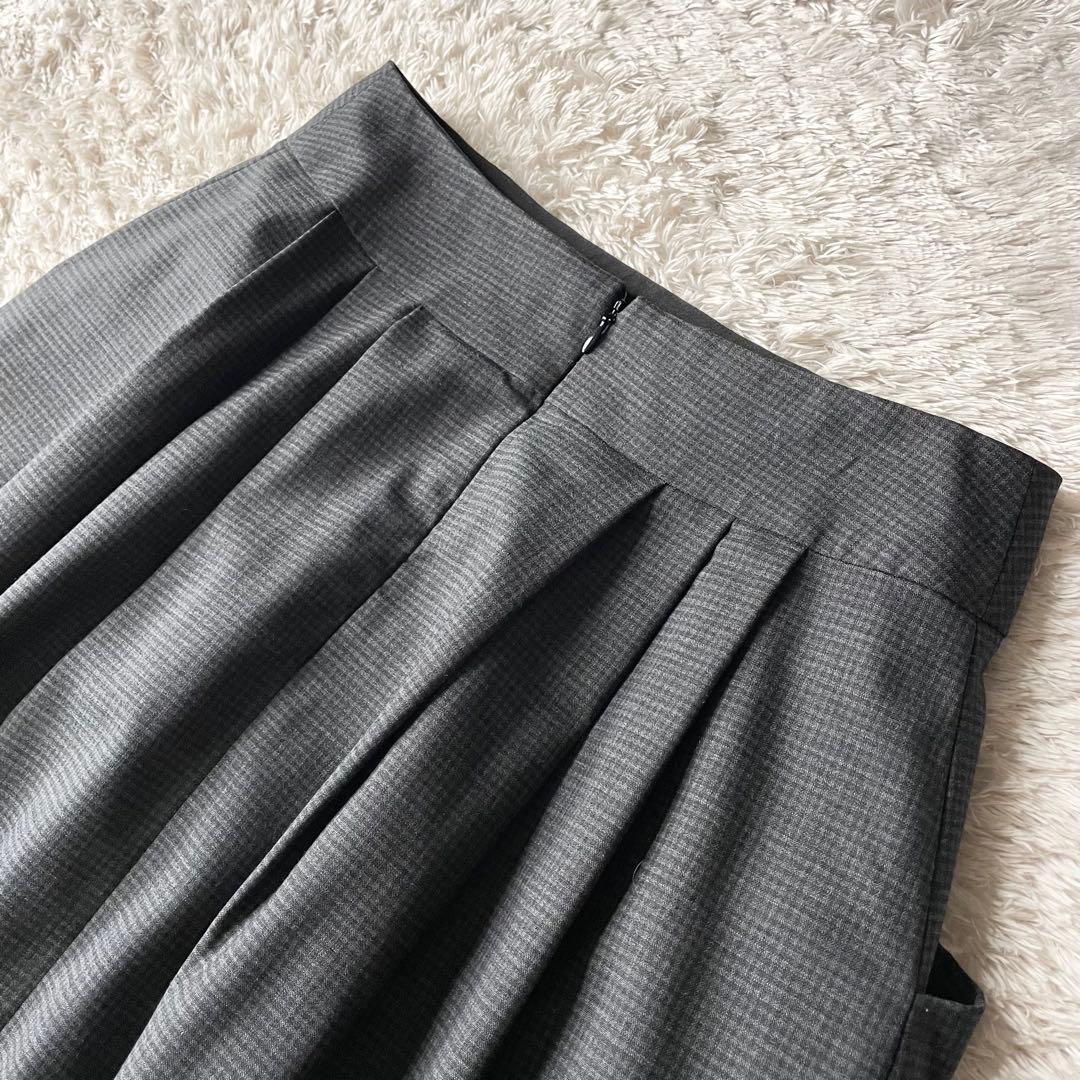 マーガレットハウエル 美品 ウールタックスカート 2 チェックグレー