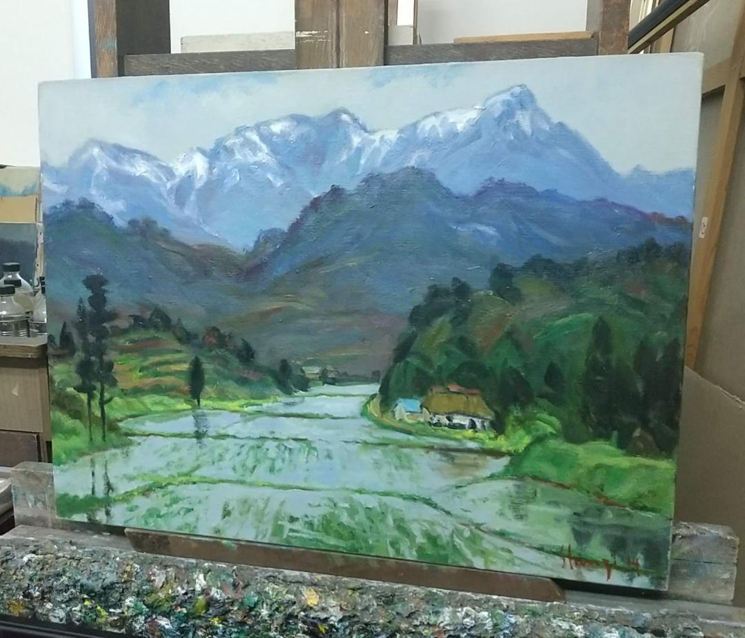 油絵「早春」船形山 1986 P12 絵画