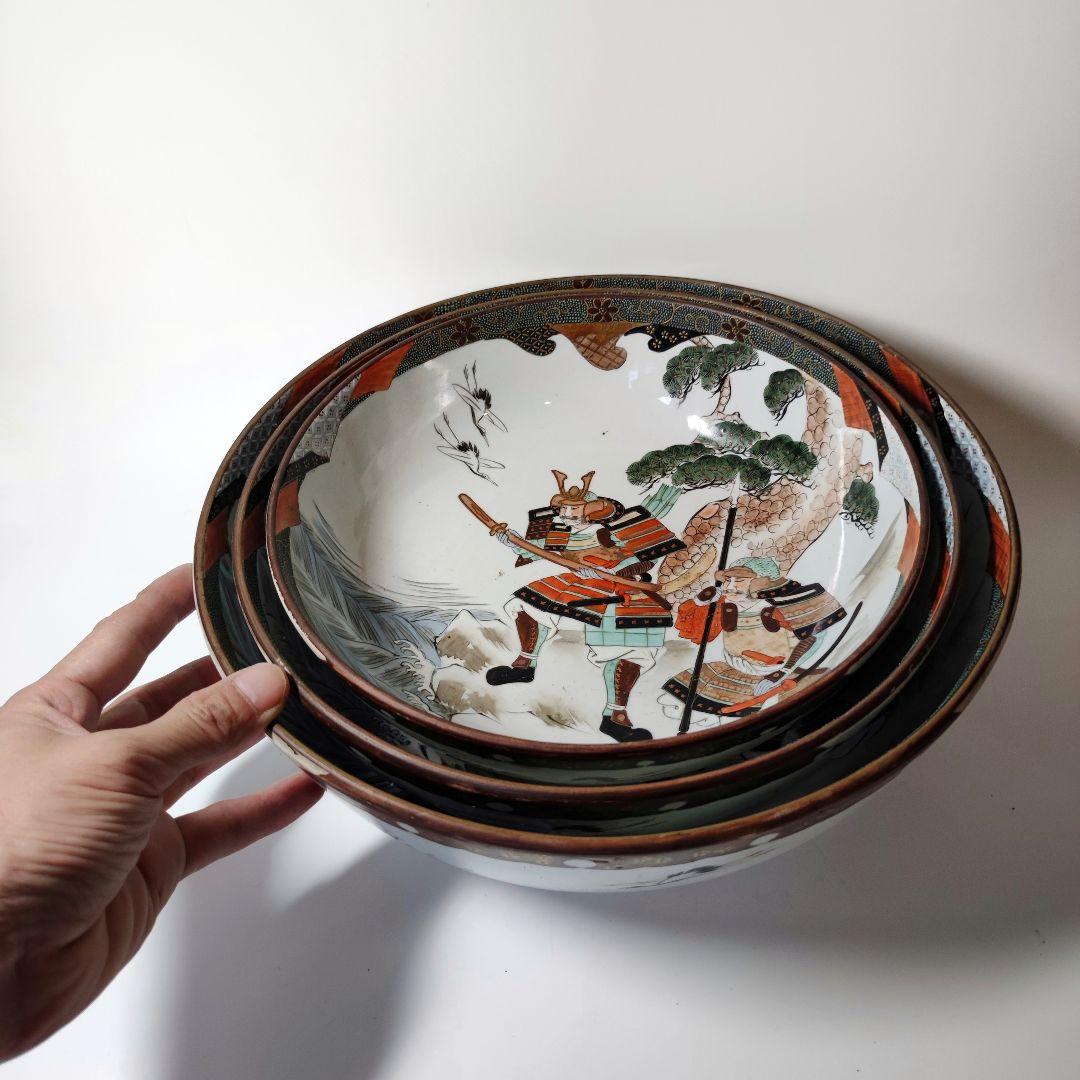 九谷焼　細密武者絵図大三ツ鉢　明治時代