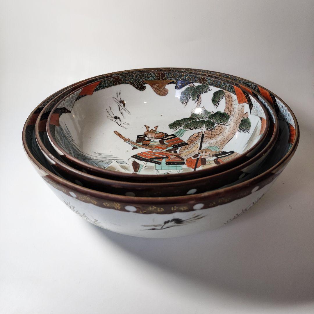 九谷焼　細密武者絵図大三ツ鉢　明治時代