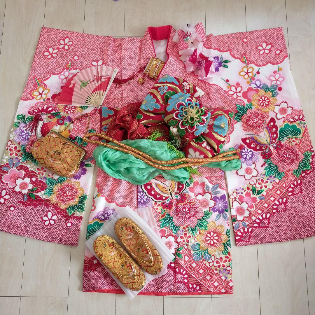 七五三用 赤系 花柄 華やか着物 振袖 小物 草履 7歳女の子 可愛い レトロ