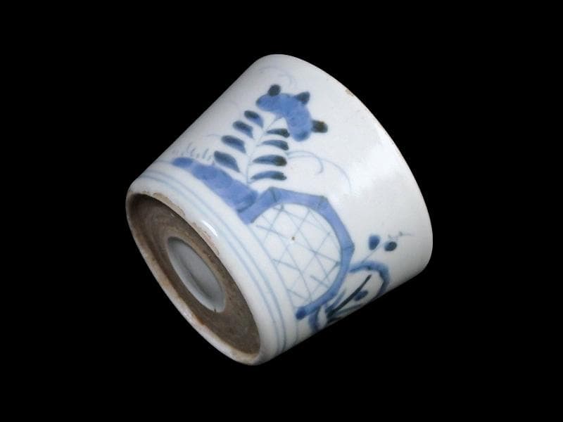 古伊万里　染付　竹籠に秋草紋の図　蕎麦猪口　A015AS-CYu