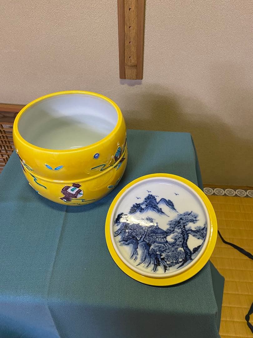 茶道具/水指 黄交趾京焼 龍岳造 清水焼鶴