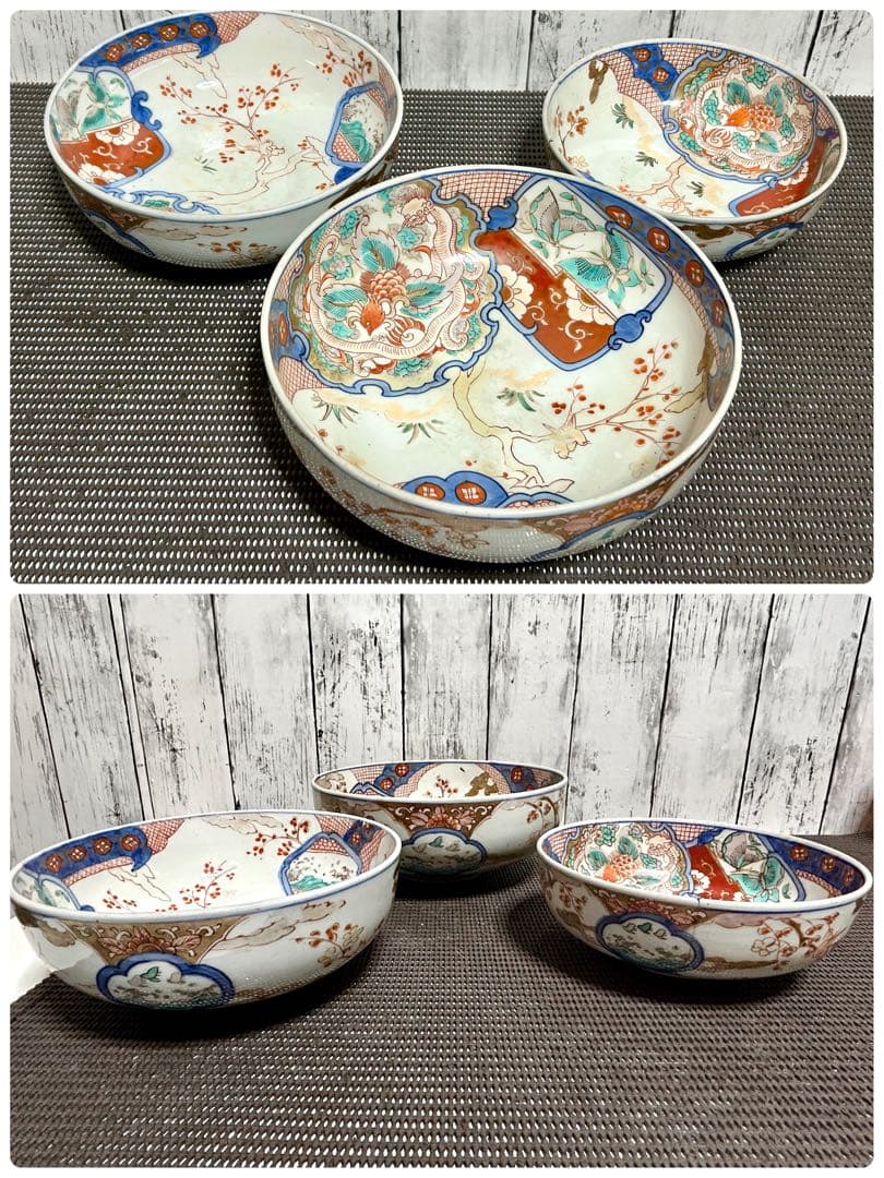 古伊万里　上手物　三重鉢　花鳥図　龍　縁起物　金彩色絵　江戸〜明治期時代物/骨董