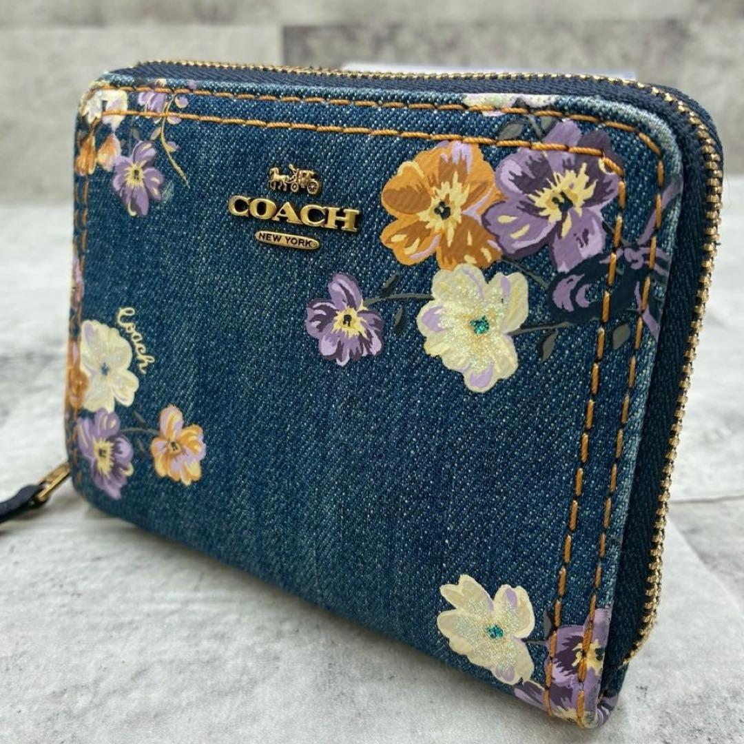 極美品 コーチ デニム ラウンドファスナー コンパクトウォレット ミニ財布 花柄