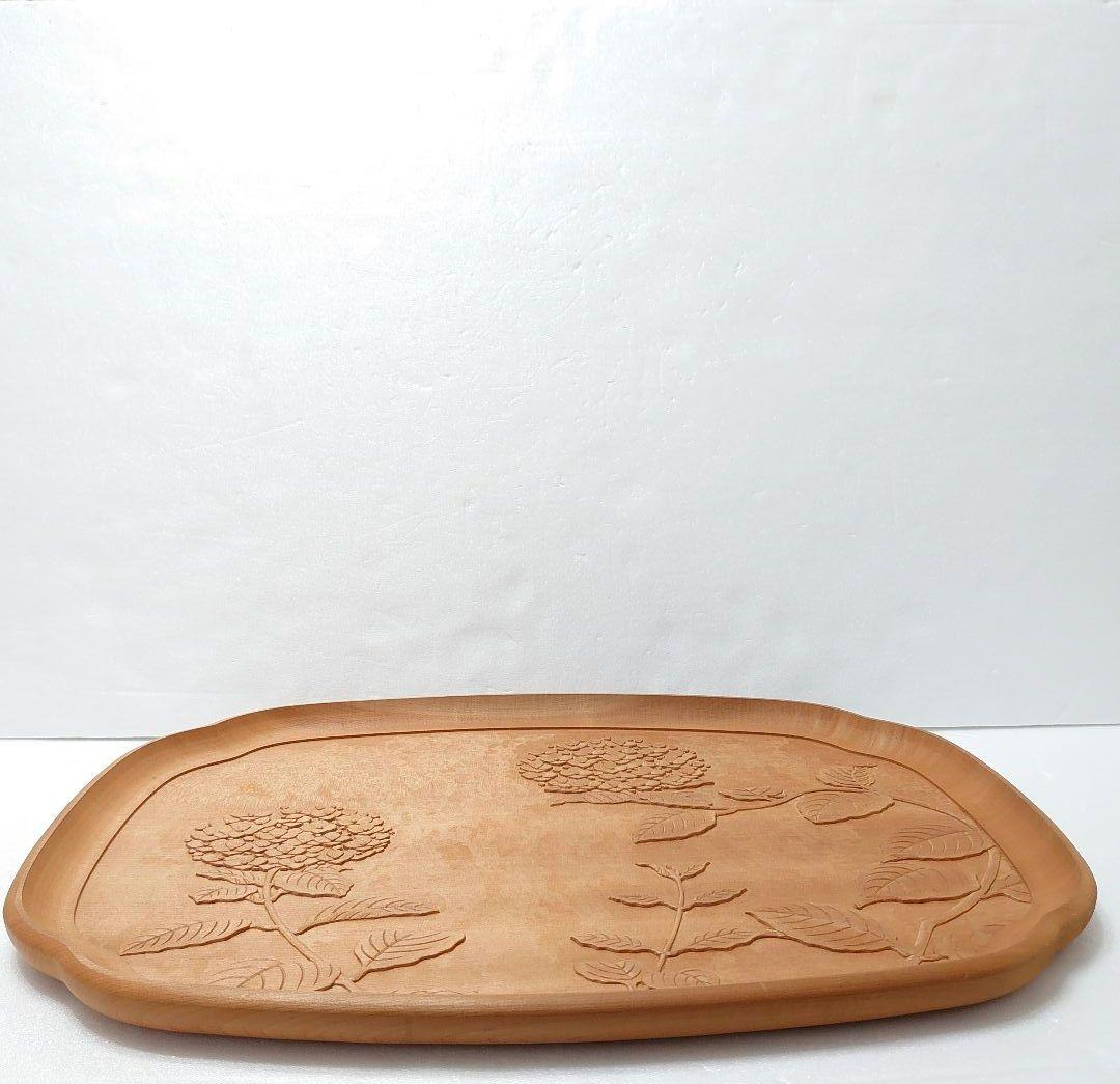 鎌倉彫　桂　木地　木瓜盆 紫陽花文　彫刻 会席盆