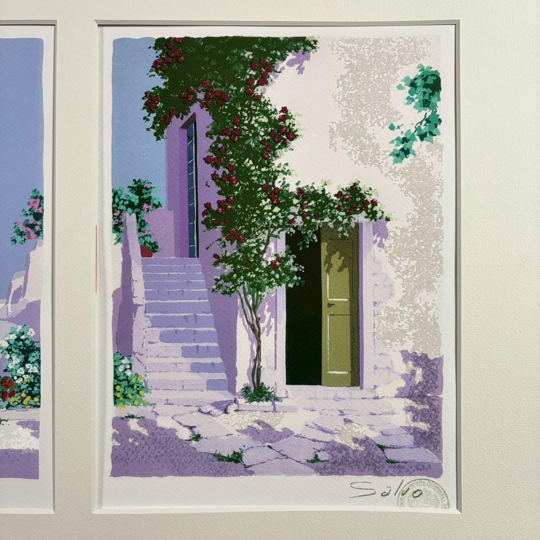 サルボ「エーゲ海 パノラマ」ミクストメディア 直筆サイン入 額装 イタリアの画家