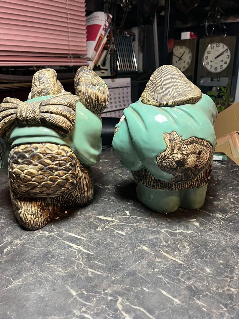 大黒天大黒様 恵比寿様、 明治時代の青磁 貴重な1対 七福神　 青磁 陶器製