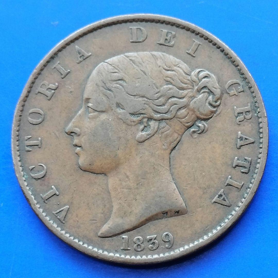 マン島1/2ペニー銅貨（ヴィクトリア女王ヤングヘッド）三脚巴 1839年