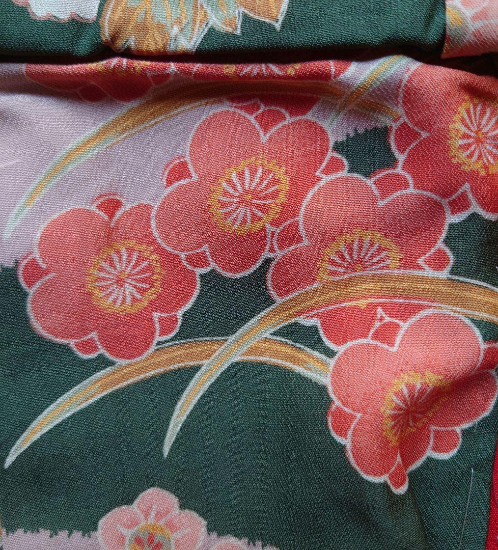 市松人形の着物　薄手の縮緬　振り袖　古布　袷　比翼付き　15号52cm用　緑系