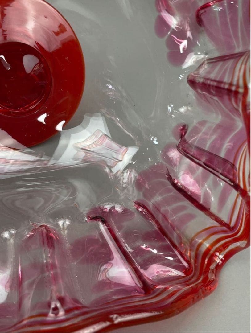 明治期 氷コップ 和ガラス 硝子 赤フリルガラス 色ガラス 手捻り 気泡有り