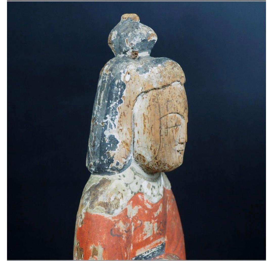 送料無料　鎌倉～室町時代　木彫り 木彫立像 古仏　仏像　総高42.3ｃｍ