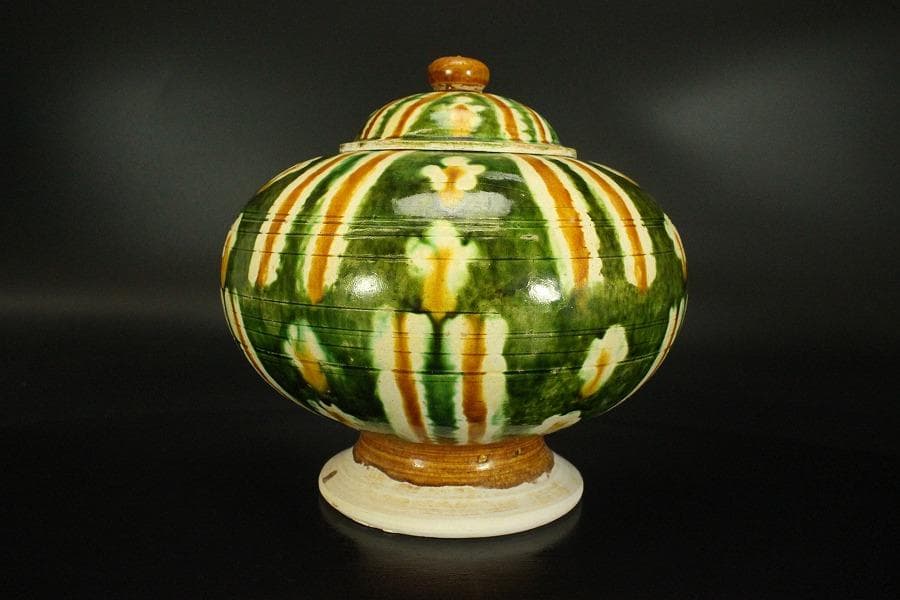 中国美術 唐三彩 蓋 丸壷(A368)