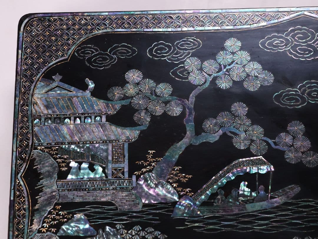 時代唐物 青貝螺鈿細工 楼閣人物 平卓 花台 香炉台 58cm 木製【MA624