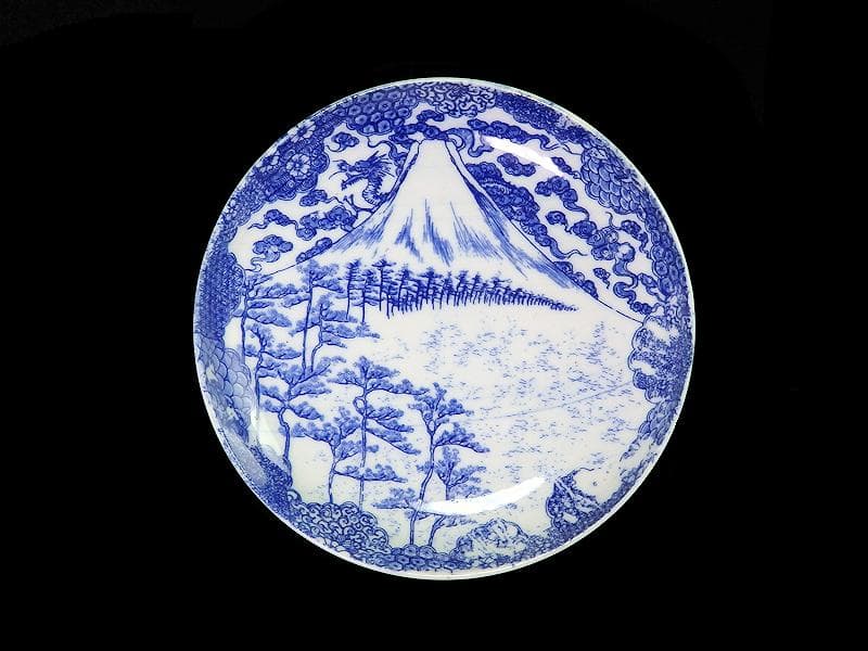 古伊万里　型刷り印判　染付　富士に龍の図　５寸皿　２枚　F175 AS-fbqv