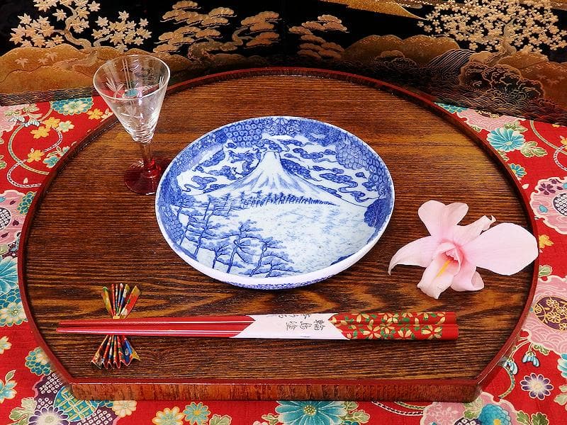 古伊万里　型刷り印判　染付　富士に龍の図　５寸皿　２枚　F175 AS-fbqv