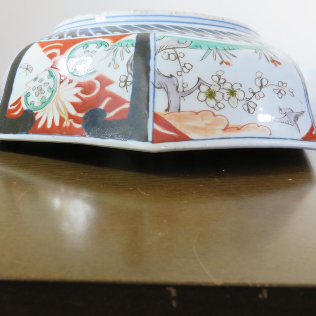 角鉢 八角鉢 伊万里 松竹梅 鳥 蝶 窯傷 歪み 明治前後