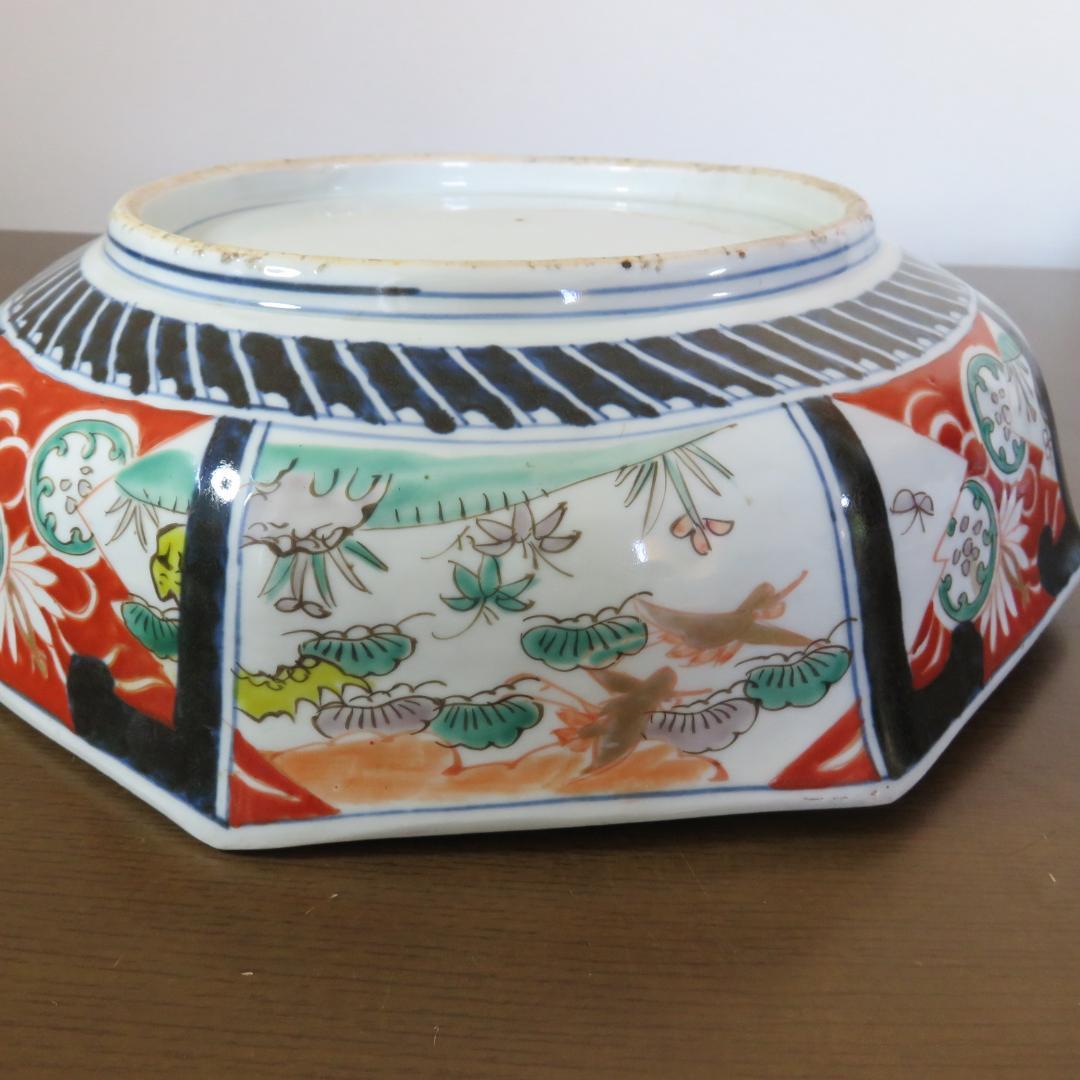 角鉢 八角鉢 伊万里 松竹梅 鳥 蝶 窯傷 歪み 明治前後