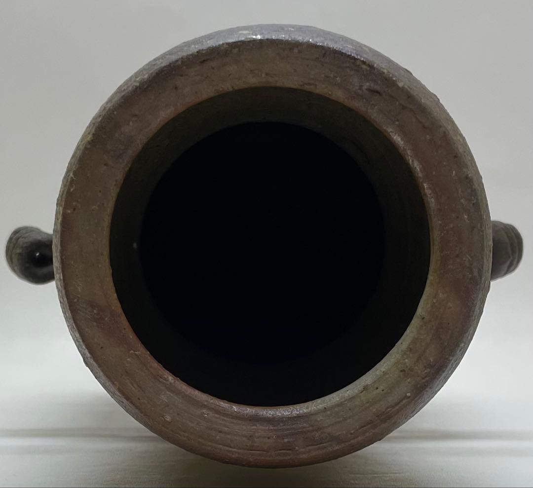 県指定重要無形文化財　金重道明　備前焼　耳付花入　共箱 　　　y16