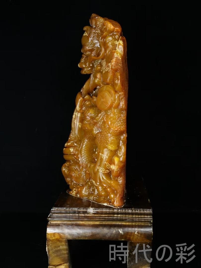 中国古美術【寿山田黄石 金龍献宝】西鳳作款 重器 鏤空 細密彫 在銘 天然賞石