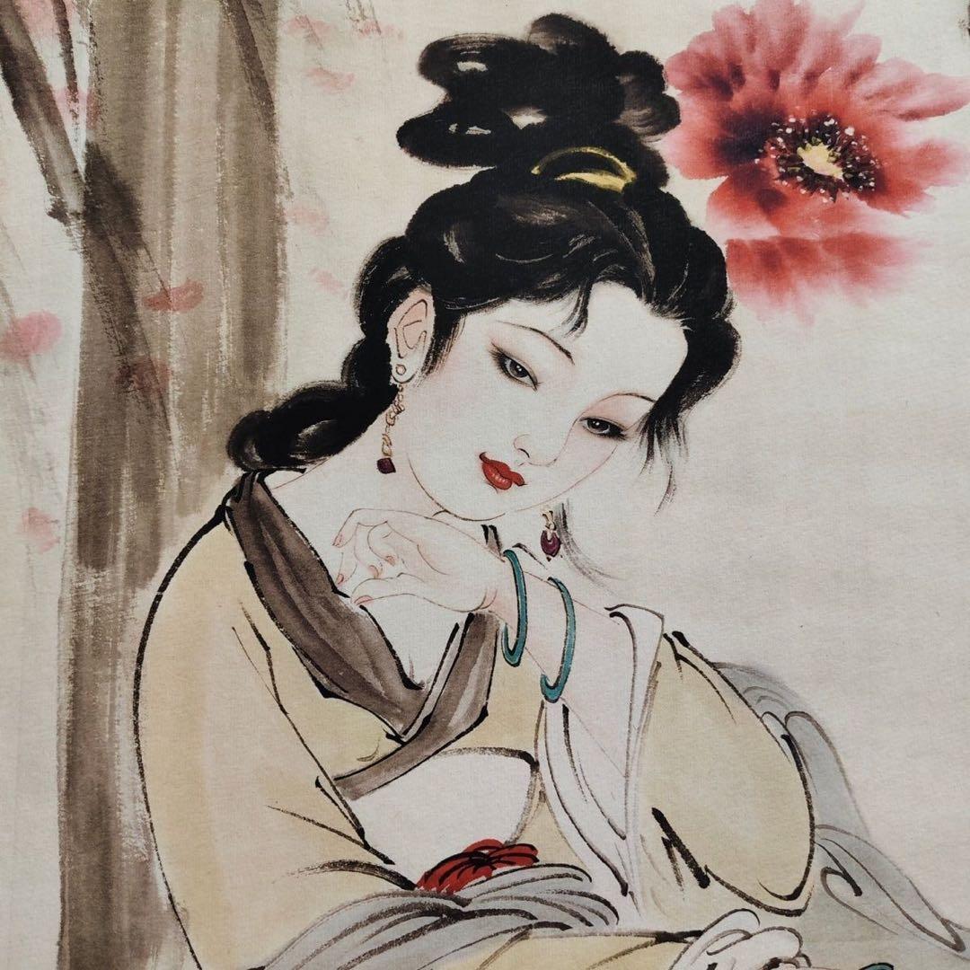 【鑑定書付】白伯驊「仕女図」 四尺中堂掛軸 宣紙装裱済 175×70cm