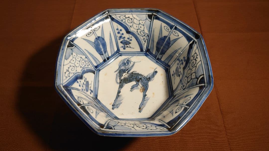 古伊万里　伊万里　染付　麒麟の図　８角鉢　アンティーク伊万里　1１客