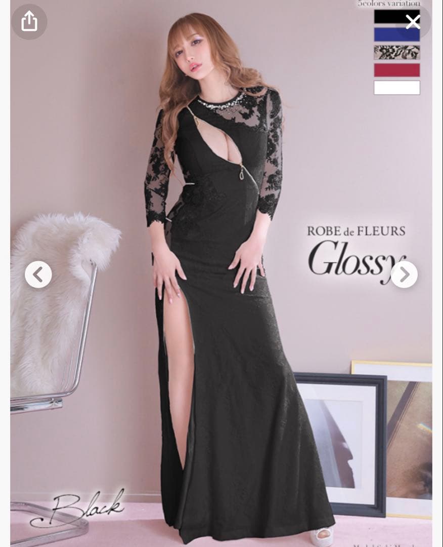 ROBE de FLEURS Glossy ブラックレースドレス ロング　L