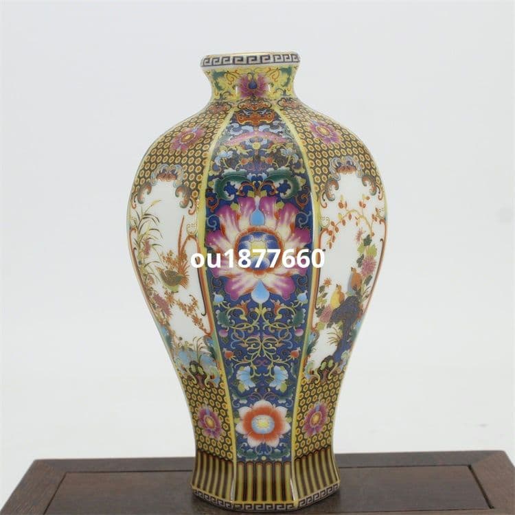琺瑯彩花鳥八方梅瓶 景徳鎮 陶磁器 装飾品 現代工芸品 美術品 置物