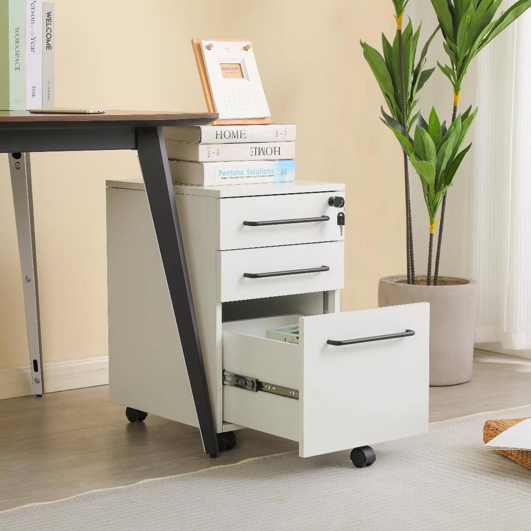 【ホワイト】デスクワゴン サイドワゴン 鍵付き キャスター付き 引き出し3段