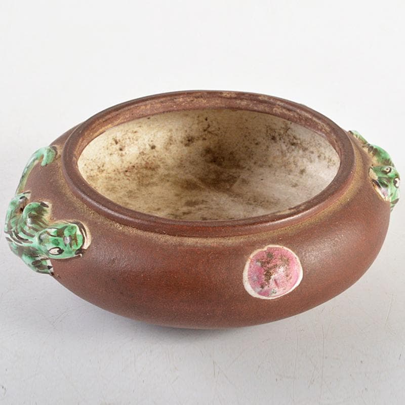 中国　紫砂　朱泥　貼神獣文　水孟　筆洗　霞軒銘　M　R6048