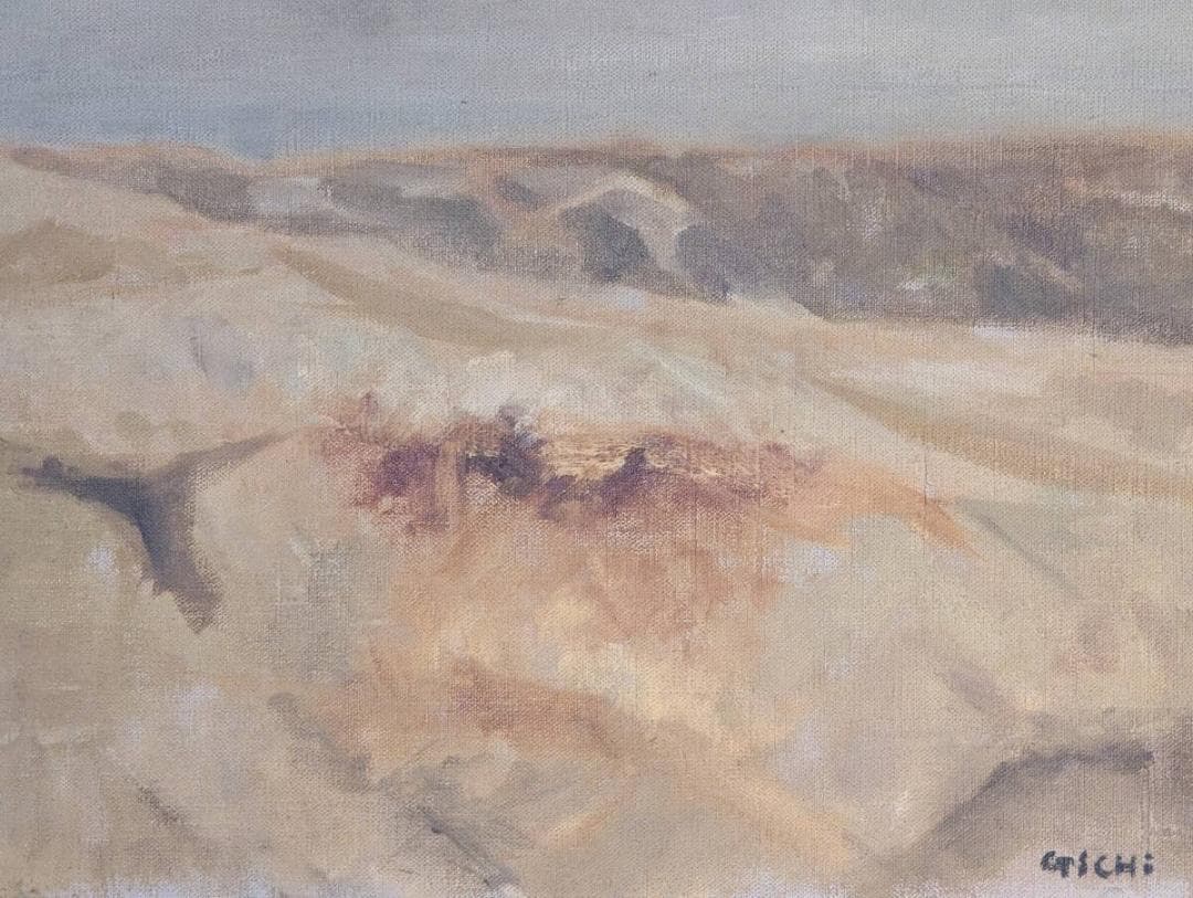 【真作】絵画　油彩　砂丘風景　静寂の大地を描く　砂のうねりと静けさ　Y77