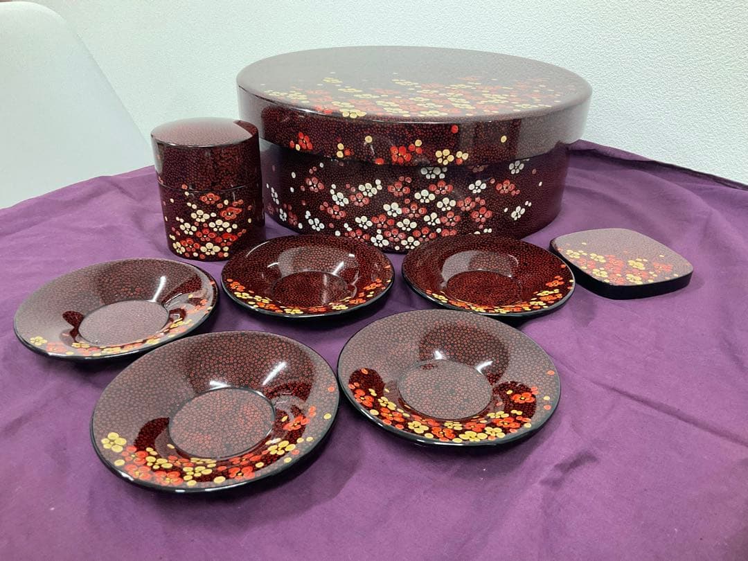 伝統工芸品　津軽塗　七々子塗　茶櫃セット　梅模様