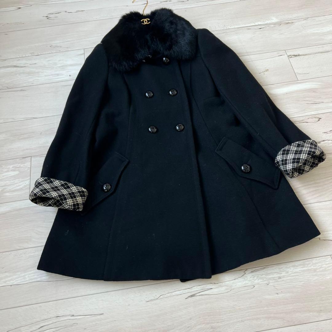 バーバリーブルーレーベル　ロングコート　ダブル　チェック　ラビット　2way