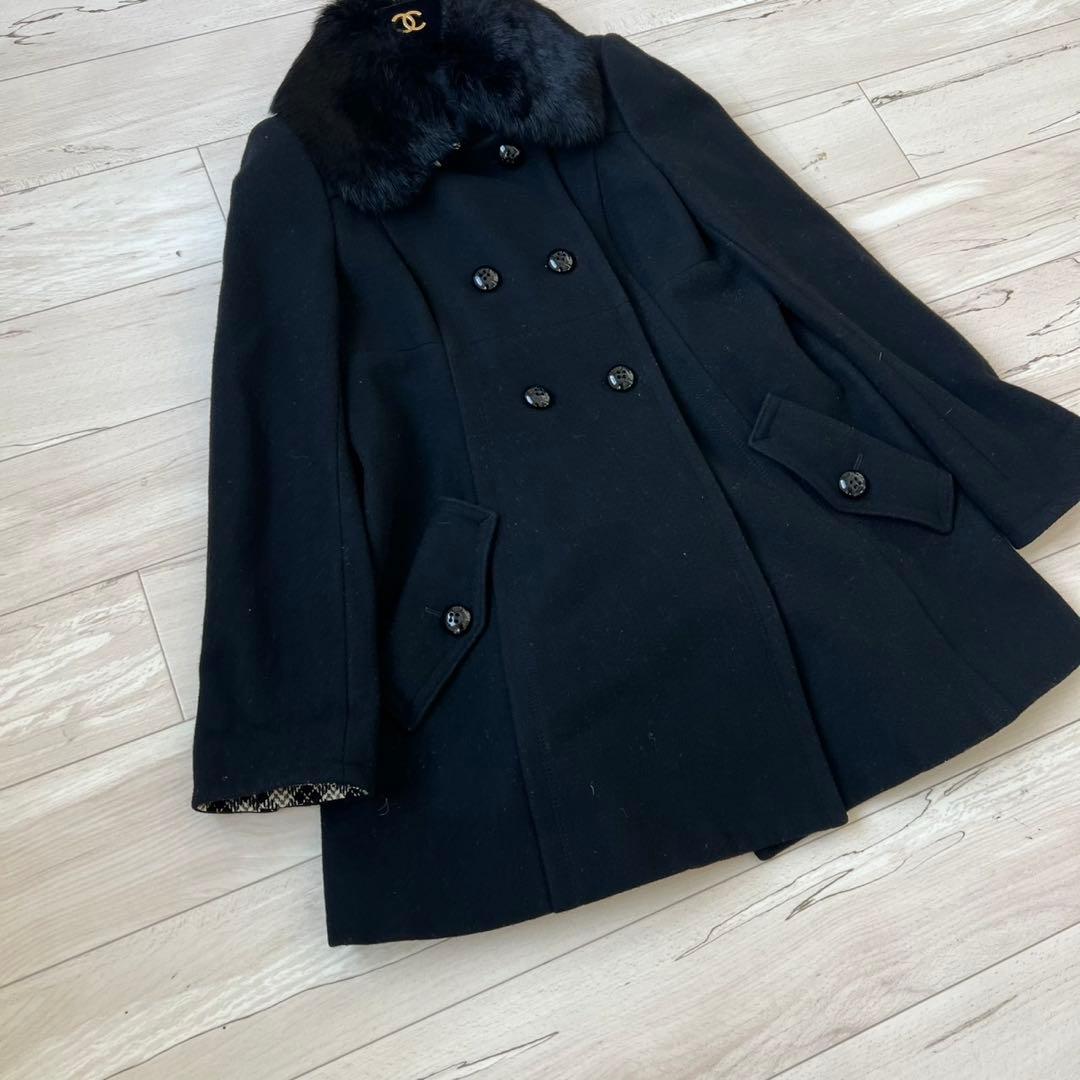 バーバリーブルーレーベル　ロングコート　ダブル　チェック　ラビット　2way