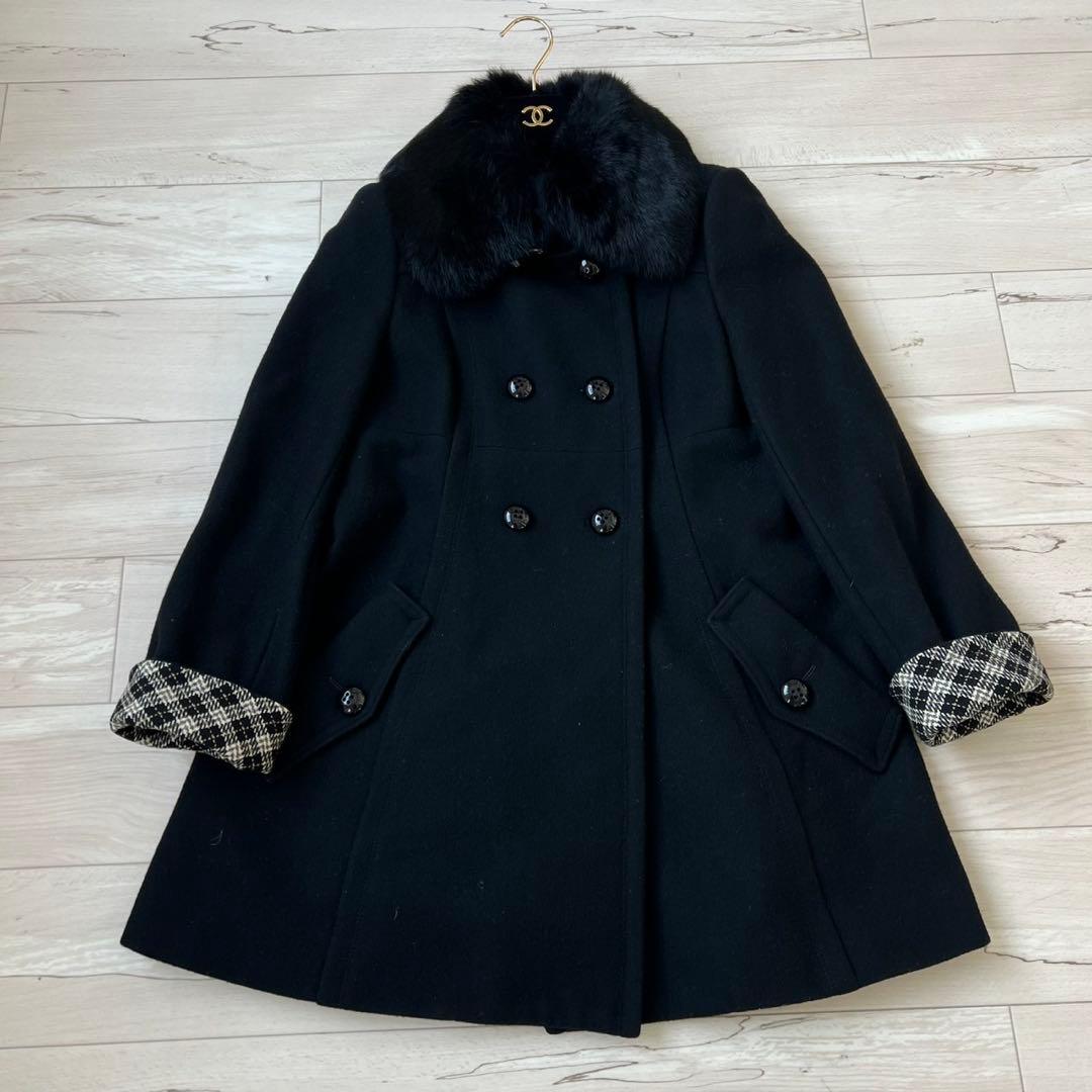 バーバリーブルーレーベル　ロングコート　ダブル　チェック　ラビット　2way