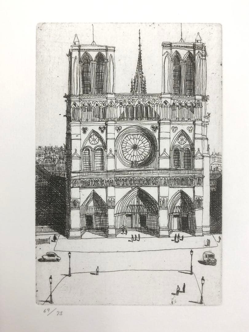 風間完 銅版画「ノートルダム寺院」額装済み