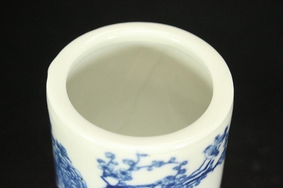 中国美術 青花 花鳥紋 筆筒 乾隆年製 高8cm 文房具(HA414)