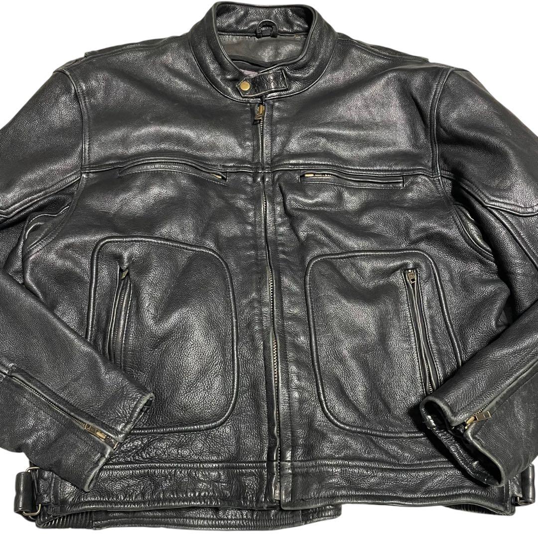 【超大きいサイズ×本革】リアルレザーシングルライダースジャケット USA 黒4L