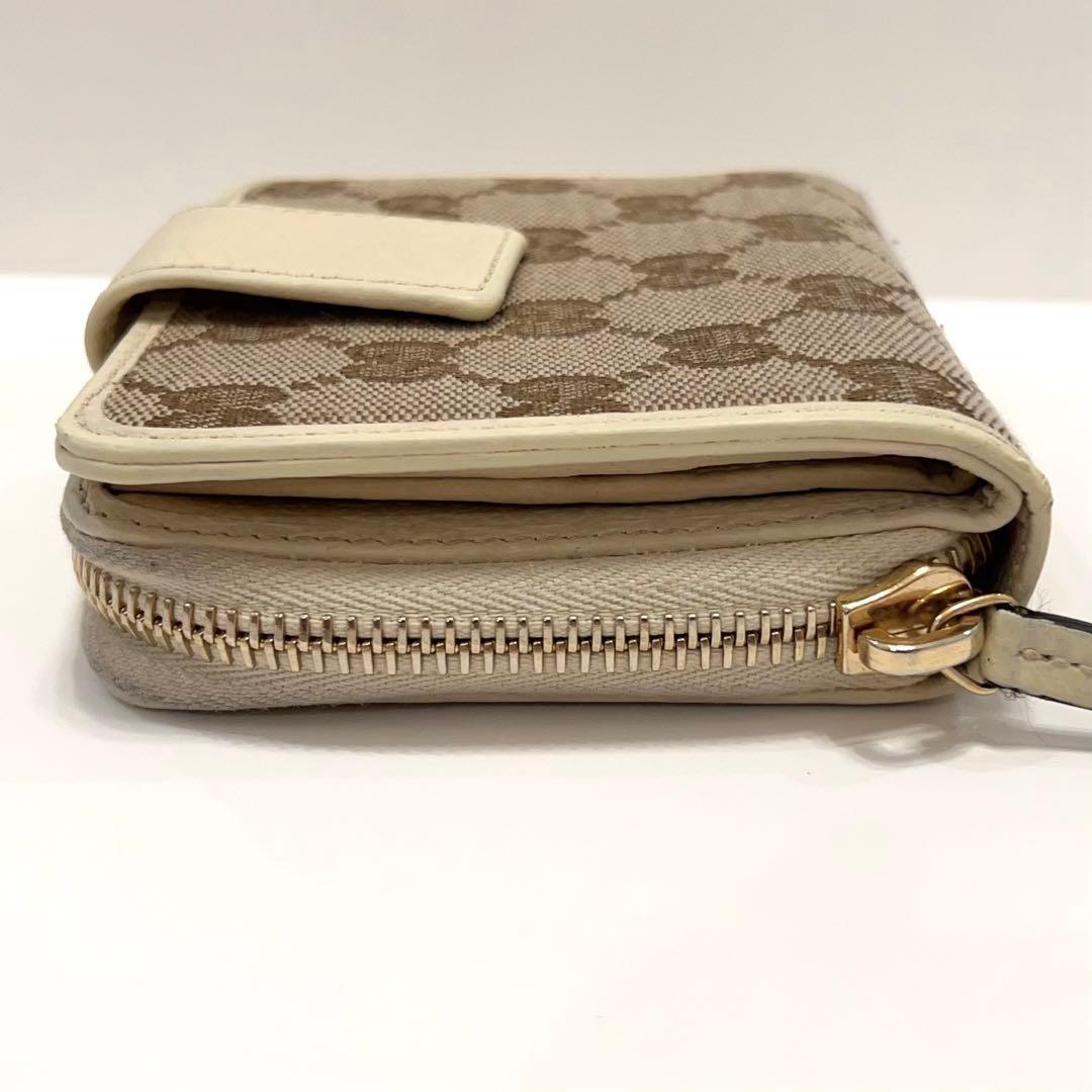 グッチ 折り財布 GGキャンバス GG柄 ラウンドファスナー コンパクト 白