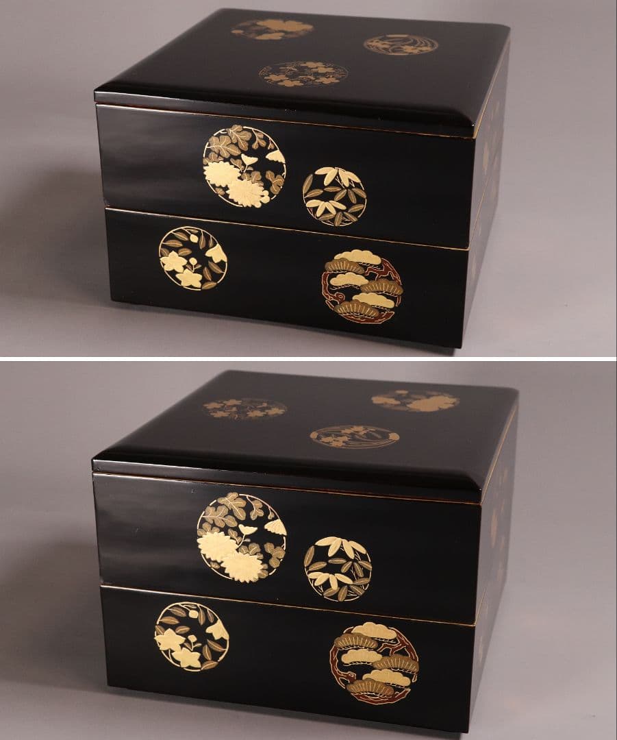 漆芸 木製漆器 丸に草花図 金蒔絵 二段重 重台 黒塗 朱塗 重箱【MA171】