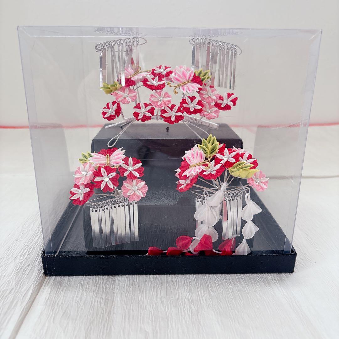 七五三　赤　ピンク　勝山かんざし　髪飾り　簪　かのこ　ちんころ　日本髪　７歳