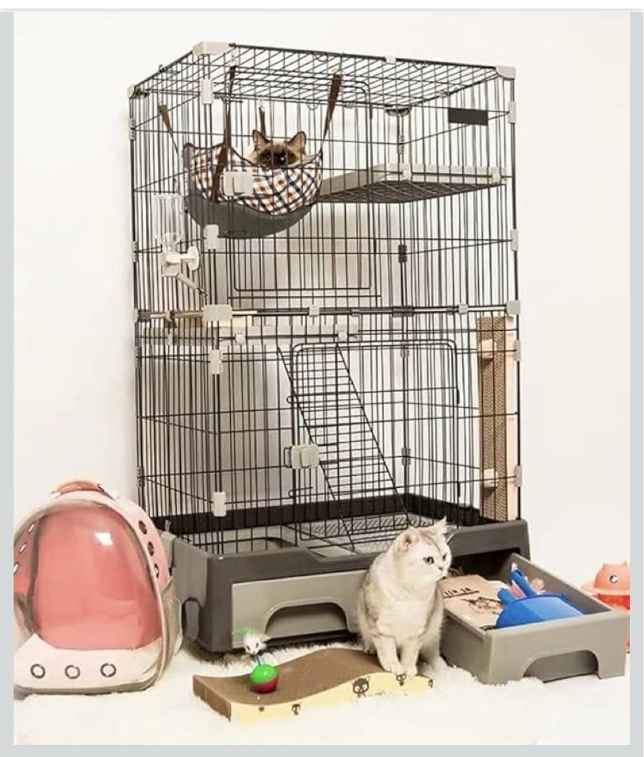 N&S 猫 キャットケージ トイレ収納型 2段 キャスター付き グレー, 2段