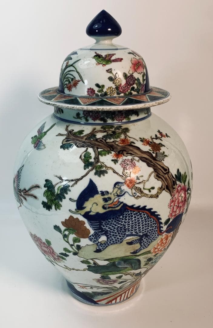 民国前期 景徳鎮 粉彩五彩 将軍罐 大型 有蓋壺／鳳凰・麒麟・花鳥図 約43cm