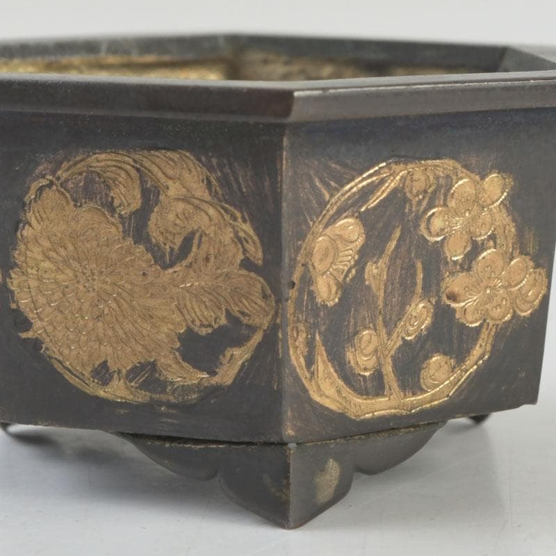 中国　古銅　金彩　花草文　小さな香炉　V　9641