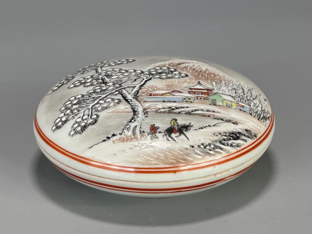 書道具　文房具　景徳鎮製　朱肉　雪景画　乾隆年製　款　時代　唐物