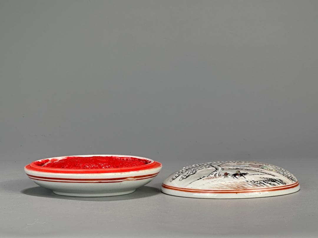 書道具　文房具　景徳鎮製　朱肉　雪景画　乾隆年製　款　時代　唐物