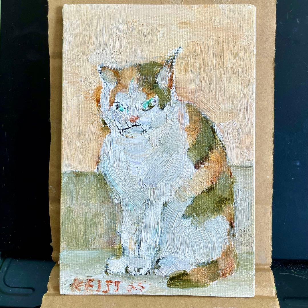 【鶴林】猫の油彩画 小型と猫 水彩画