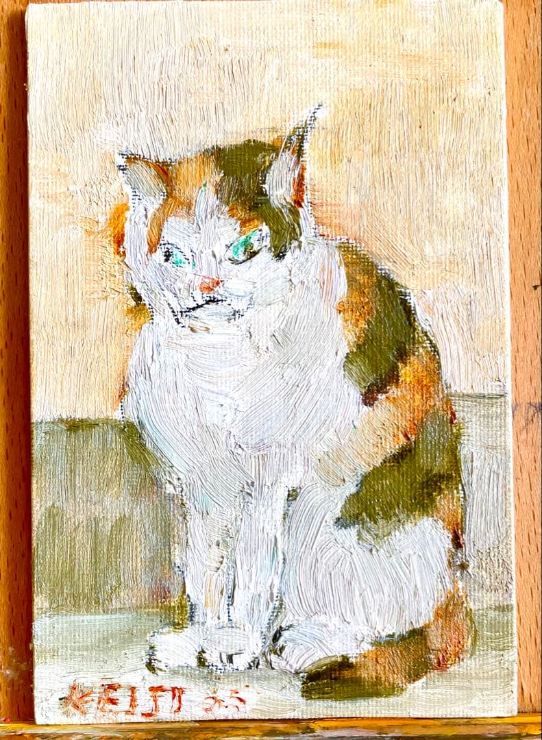 【鶴林】猫の油彩画 小型と猫 水彩画