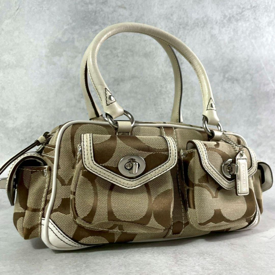 極美品 コーチ ショルダーバッグ ミニボストン シグネチャー レザー ロゴ 白